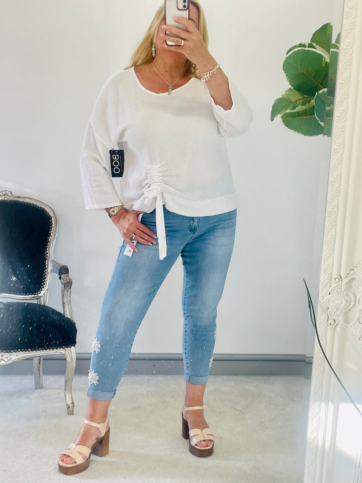 LADIES LIGHT WASH DENIM CROPPED DIAMANTE MOM FIT JEANS