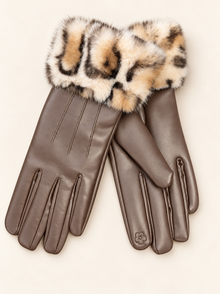 Womens Faux Leather & Fur Cuff Gloves - Black & Brown