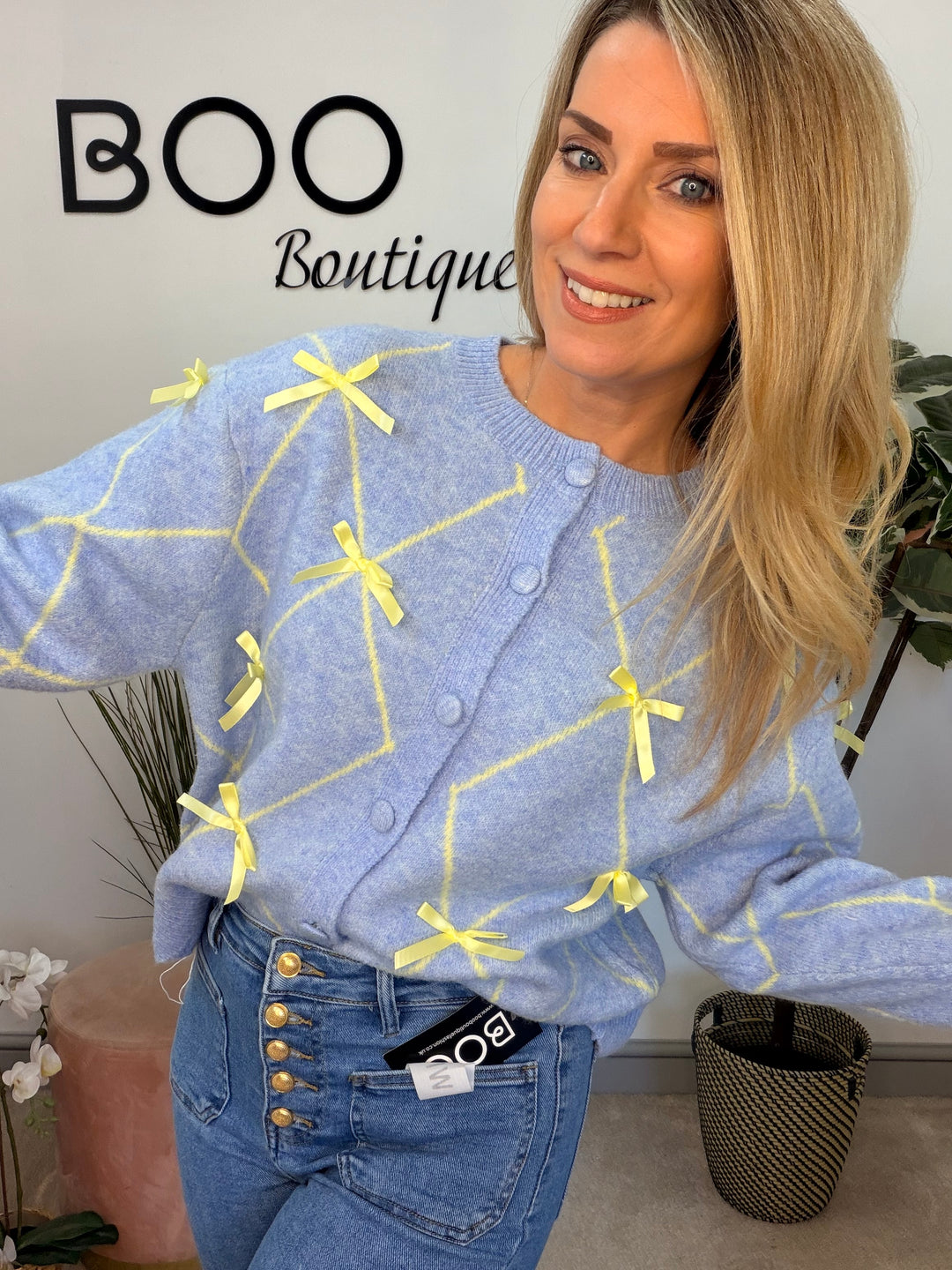 Ladies Fashion Soft Knit Satin Bow Cardigan - blue & pink