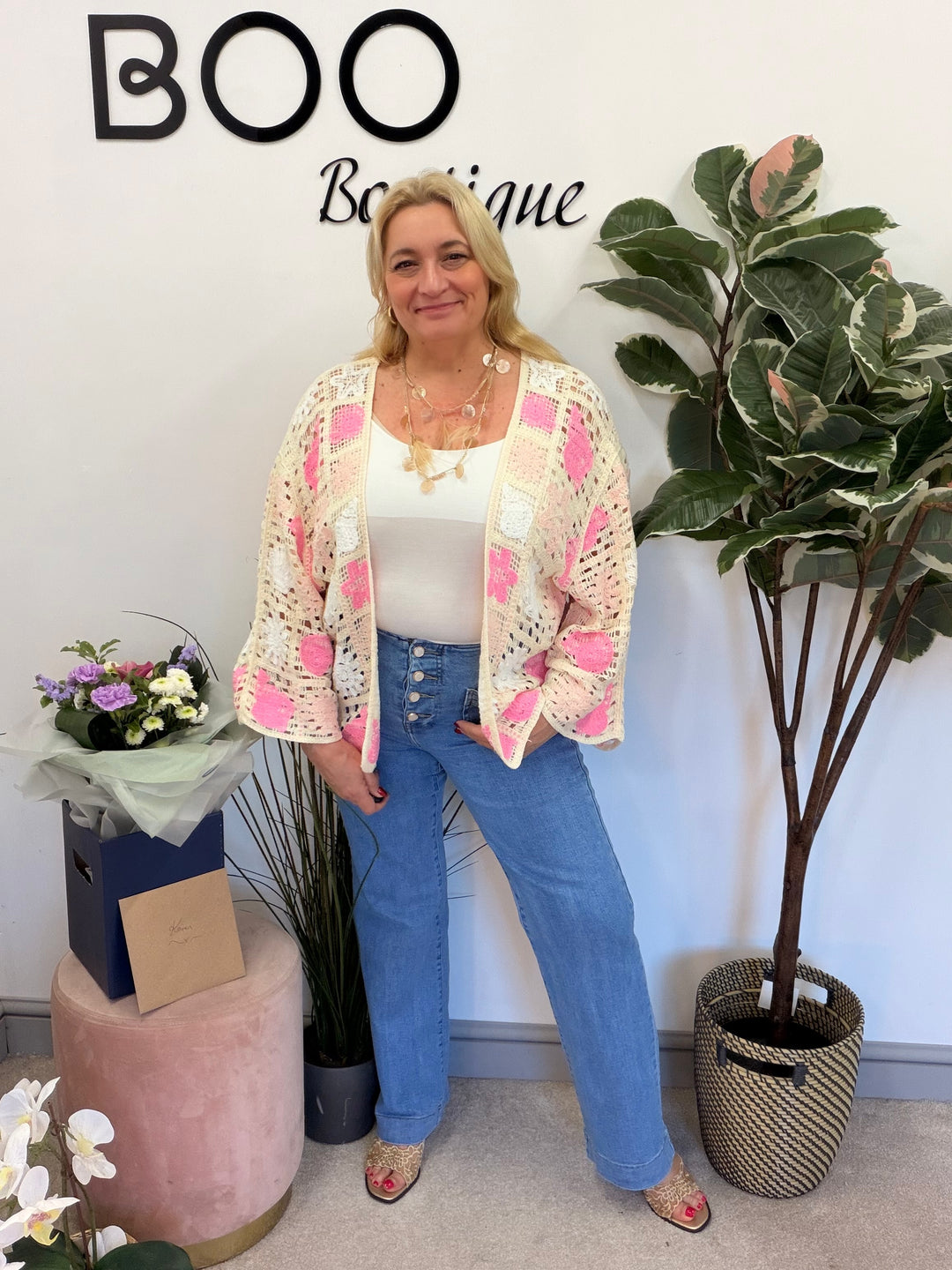 Ladies Fashion Beige Crochet Bolero Cardigan - pink, green & blue