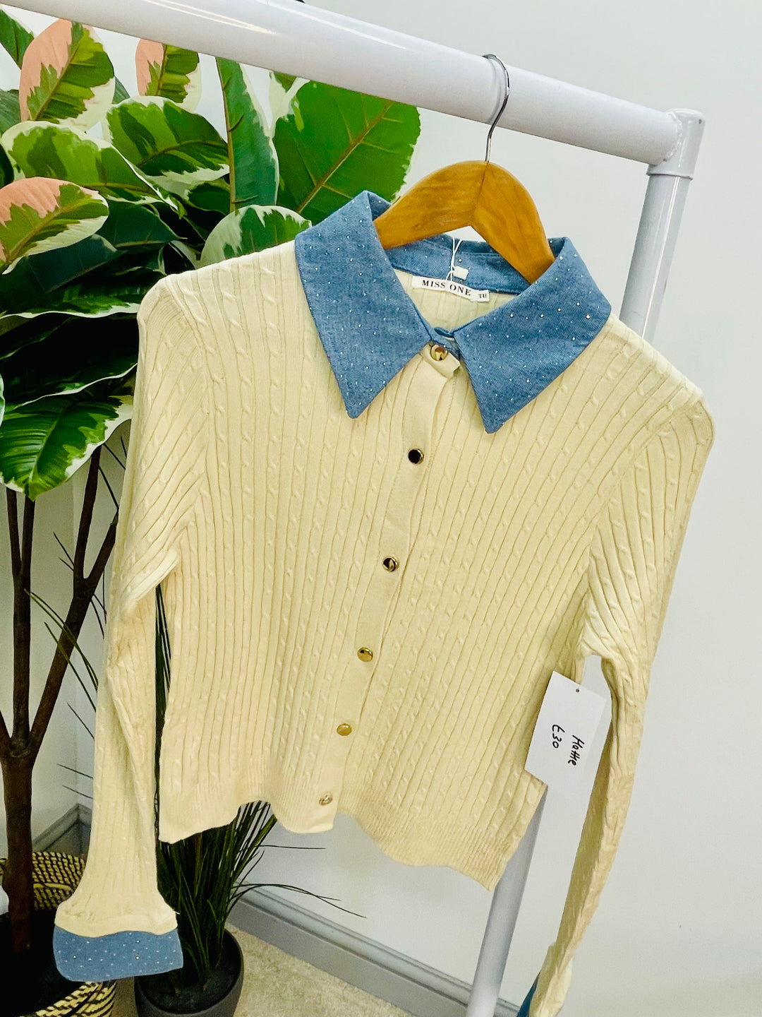 LADIES PETITE SLIM FIT RIB KNIT CARDIGAN JUMPER - BROWN AND CREAM
