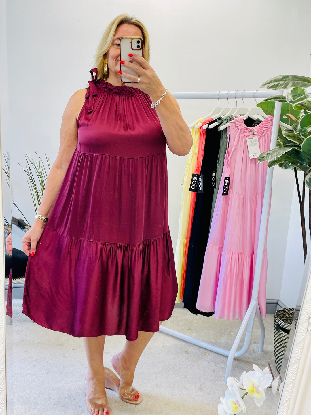 LADIES SATIN TIERED SUMMER MIDI DRESS = BURGUNDY, BLACK,, LEMON, PINK, KHAKI, CORAL