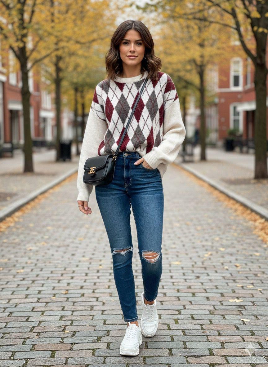 LADIES FASHION ARGYLE KNIT JUMPER - BERRY, CREAM, BROWN, 