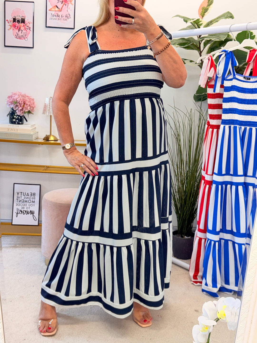 Ladies Candy Stripe Summer Sun Maxi Dress - Royal Blue, Navy & Red