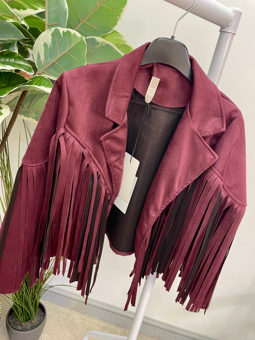 LADIES FAUX SUEDE FRINGED COWBOY BOLERO JACKET - WINE, BLACK, BEIGE & BROWN