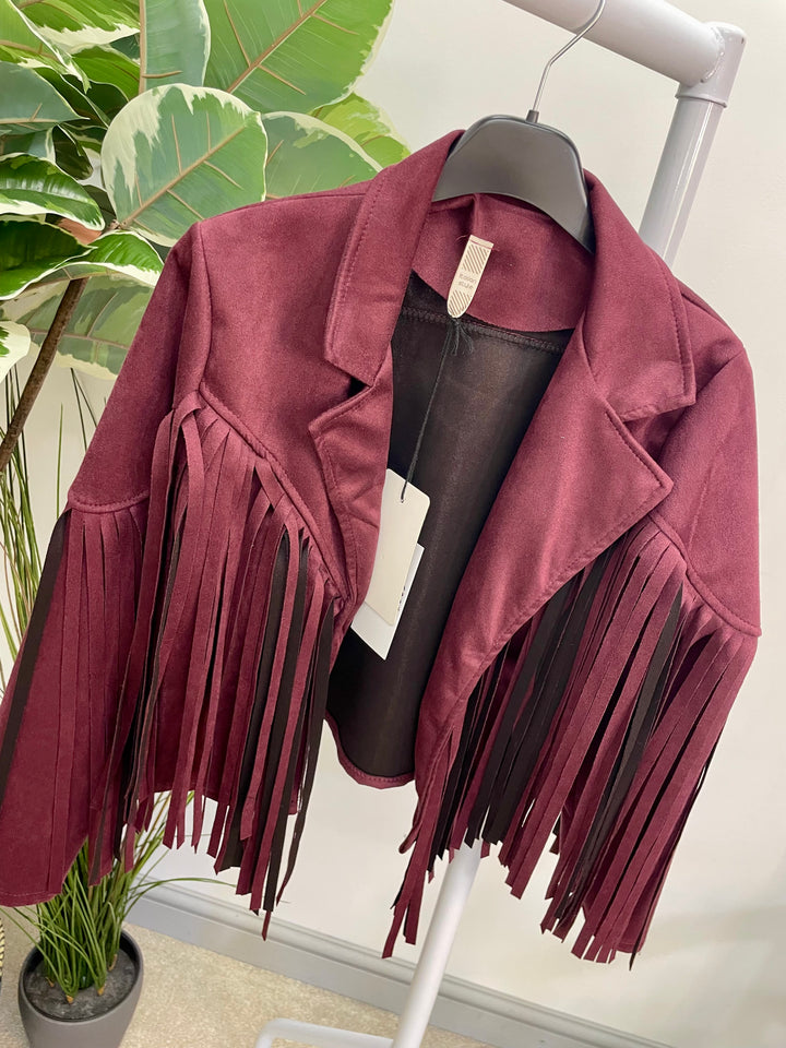 LADIES FAUX SUEDE FRINGED COWBOY BOLERO JACKET - WINE, BLACK, BEIGE & BROWN