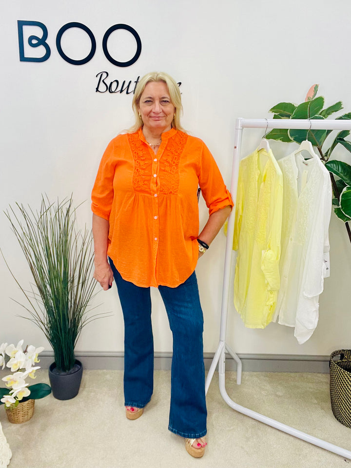 LADIES COTTON LACE FRONT BLOUSE SHIRT - LEMON, WHITE & ORANGE