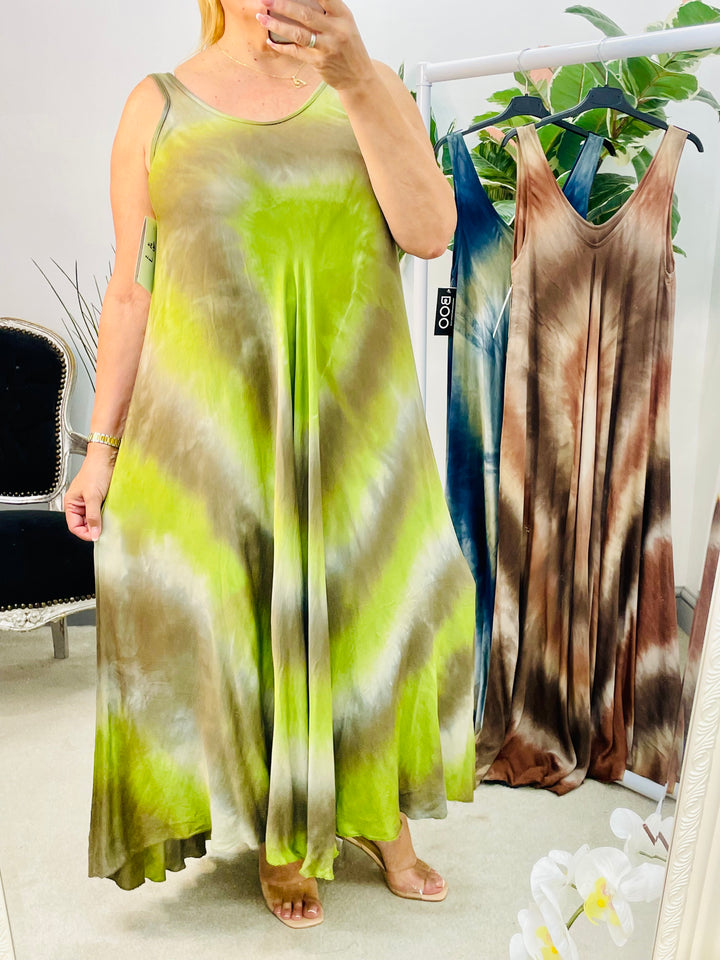 LADIES STUNNING TIE DYE SUMMER MAXI DRESS - NAVY, LIME & BROWN