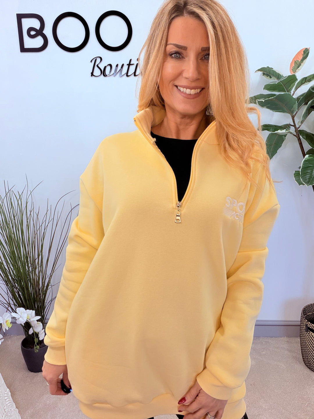 LADIES FLEECE LINED LONG SWEATSHIRT TOP - LEMON, MOCHA & KHAKI
