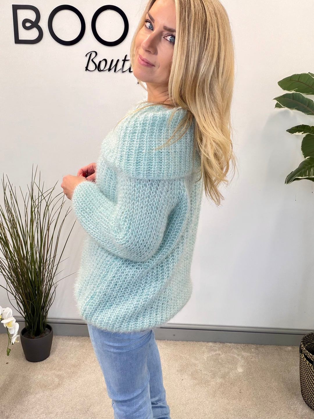 LADIES FLUFFY KNIT BARDOT JUMPER - MINT, BLACK, CREAM, PINK, LEMON & MOCHA