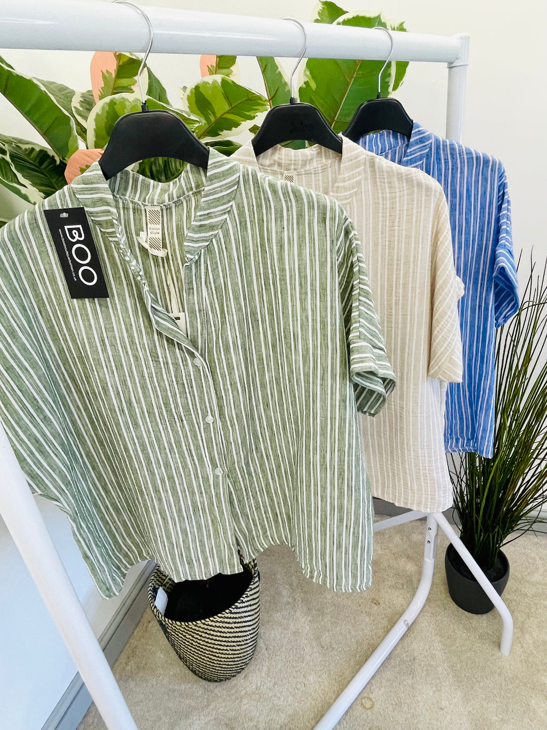 LADIES LINEN PINSTRIPE SUMMER SHIRT - KHAKI, BEIGE, BLUE