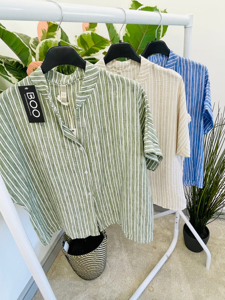 LADIES LINEN PINSTRIPE SUMMER SHIRT - KHAKI, BEIGE, BLUE