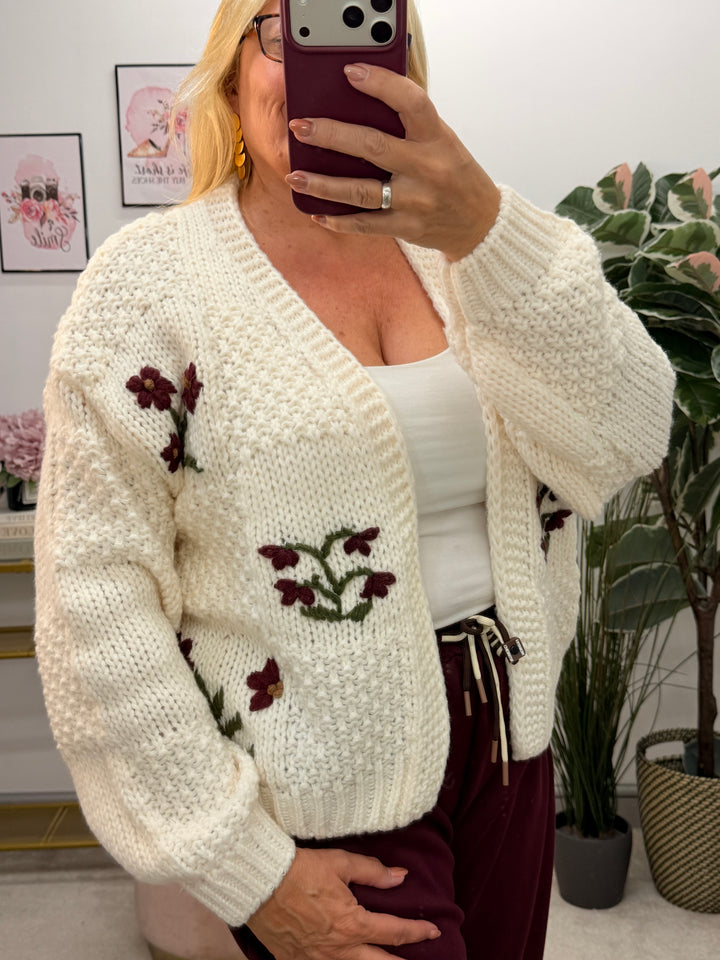 Ladies Fashion Cream Chunky Knit Embroidered Cardigan