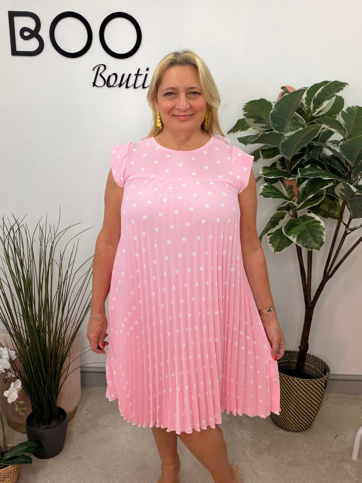 Ladies Pleated Polka Dot Midi Day Dress - black, navy, pink, blue, beige 