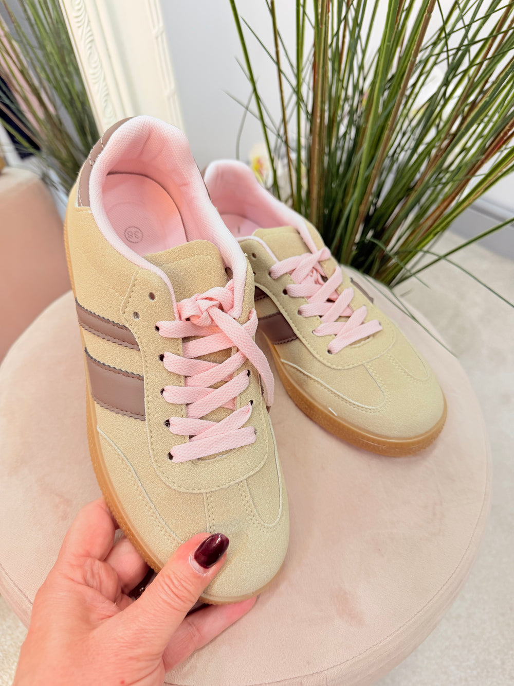 Ladies Fashion Beige Faux Suede Inspired Stripe Trainers