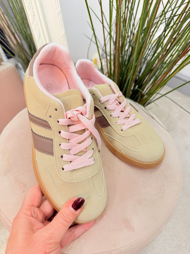 Ladies Fashion Beige Faux Suede Inspired Stripe Trainers