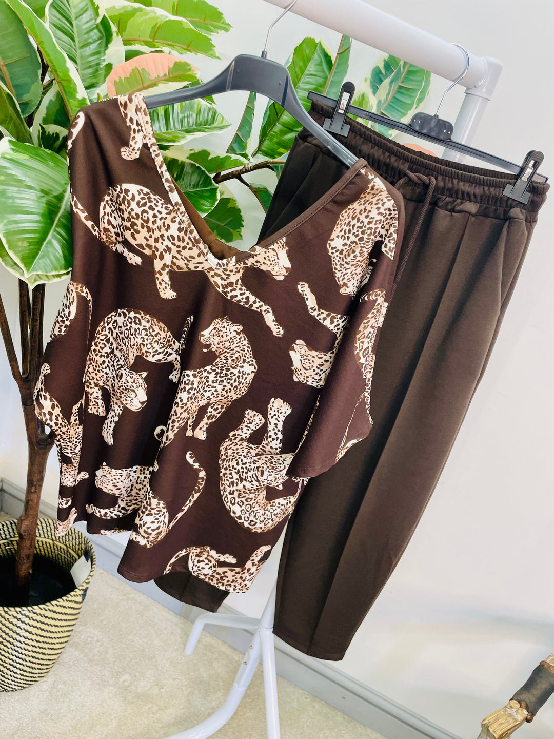 LADIES LEOPARD PRINT TAPERED TROUSERS CO ORD SET - NAVY, TAUPE & BROWN
