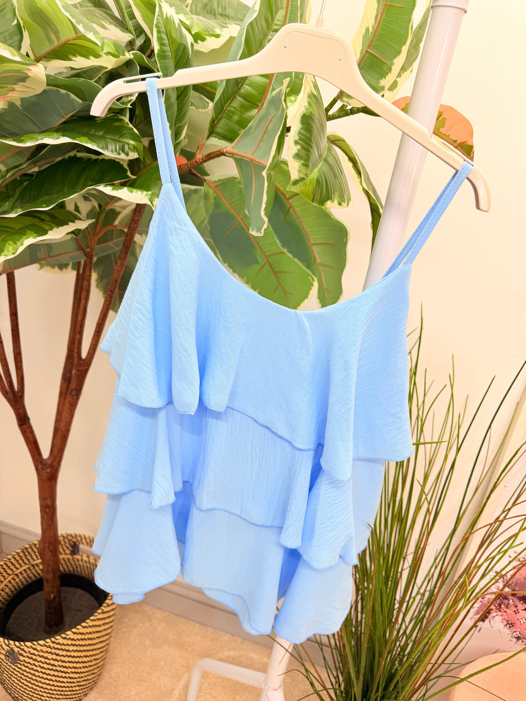 Ladies Frill Strappy Cami Top - Rust, Brown, Pale Blue, Khaki & Navy