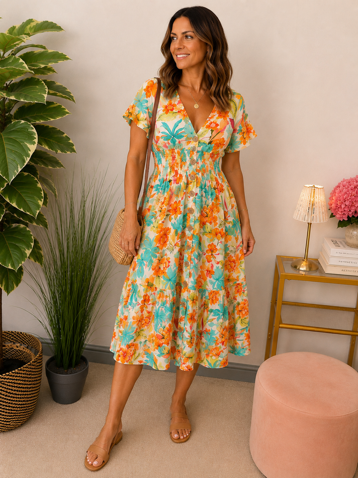 Ladies Floral Print Summer Magic Dress - Blue, Turquoise, Yellow & Green