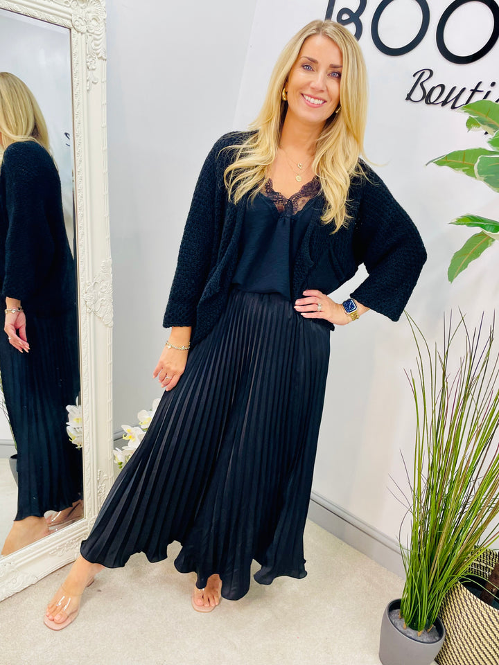LADIES SATIN PLEATED MAXI SKIRT - BLACK, BURGUNDY, BROWN & CHAMPAGNE