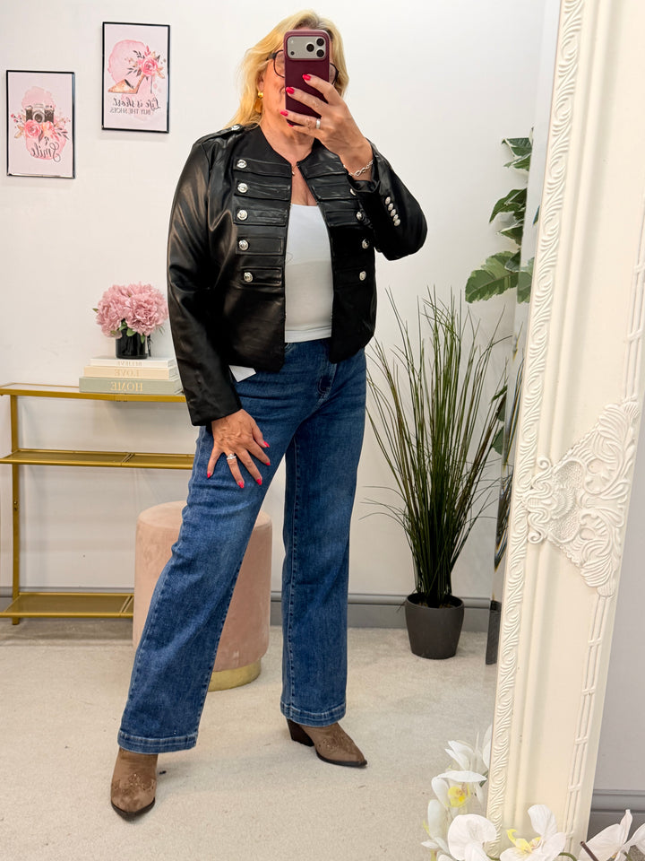 Ladies Fashion Faux Leather Military Jacket - Black & Brown
