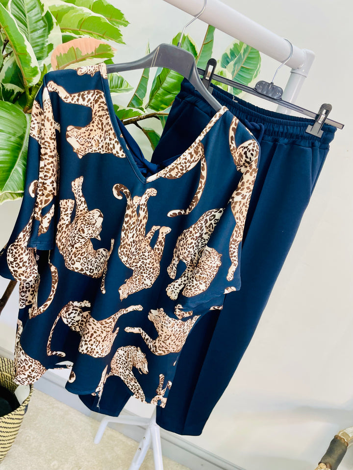 LADIES LEOPARD PRINT TAPERED TROUSERS CO ORD SET - NAVY, TAUPE & BROWN