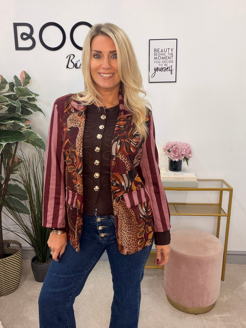 Womens Faux Suede Jungle Print Blazer Jacket - Burgundy & Black