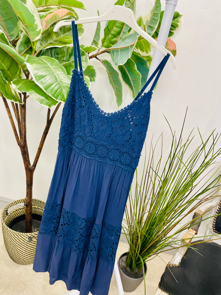LADIES PRETTY BOHO FEMININE CROCHET DRESS - NAVY, WHITE & LEMON