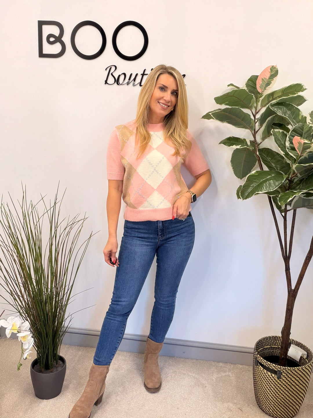 LADIES ARGYLE KNIT SHORT SLEEVE JUMPER - CREAM, BLUE, PINK