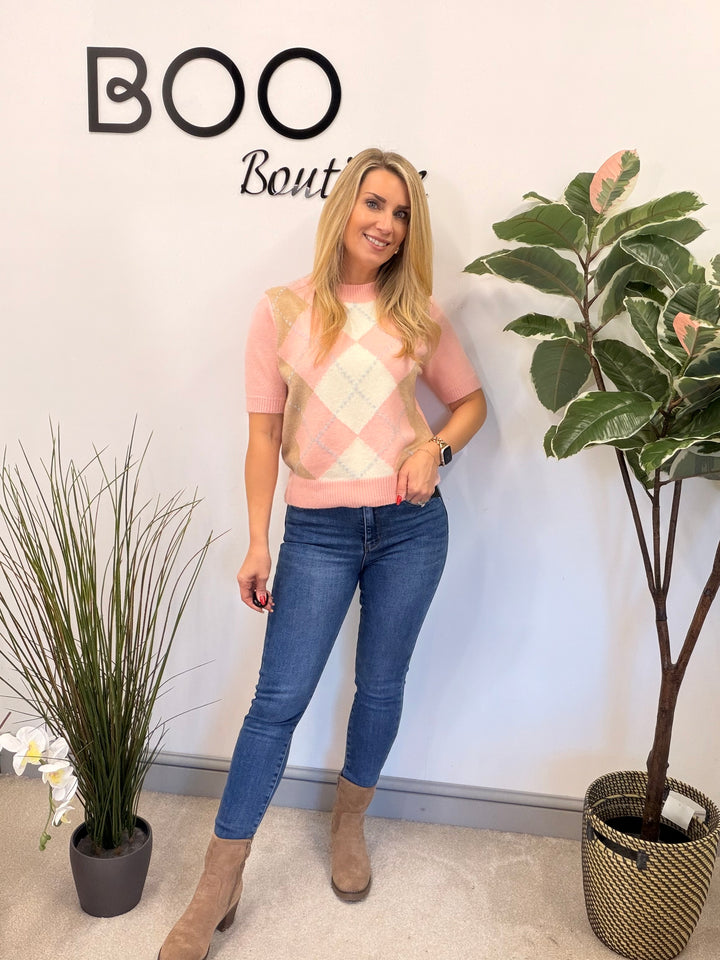 LADIES ARGYLE KNIT SHORT SLEEVE JUMPER - CREAM, BLUE, PINK