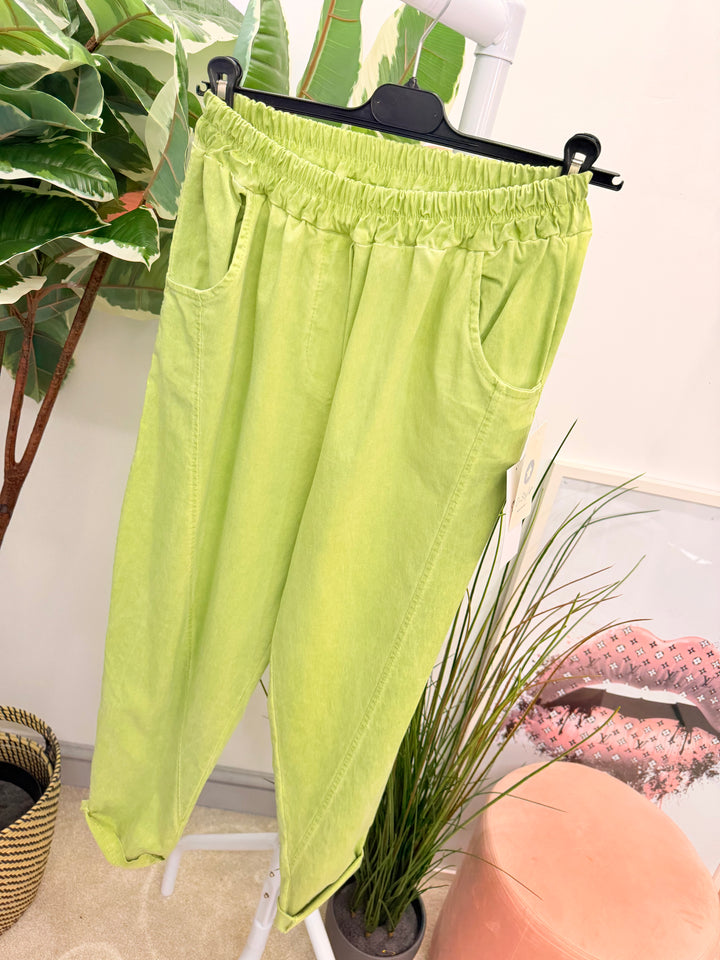 Ladies Fashion Stretch Balloon Leg Magic Trousers - White, Khaki, Denim & Lime