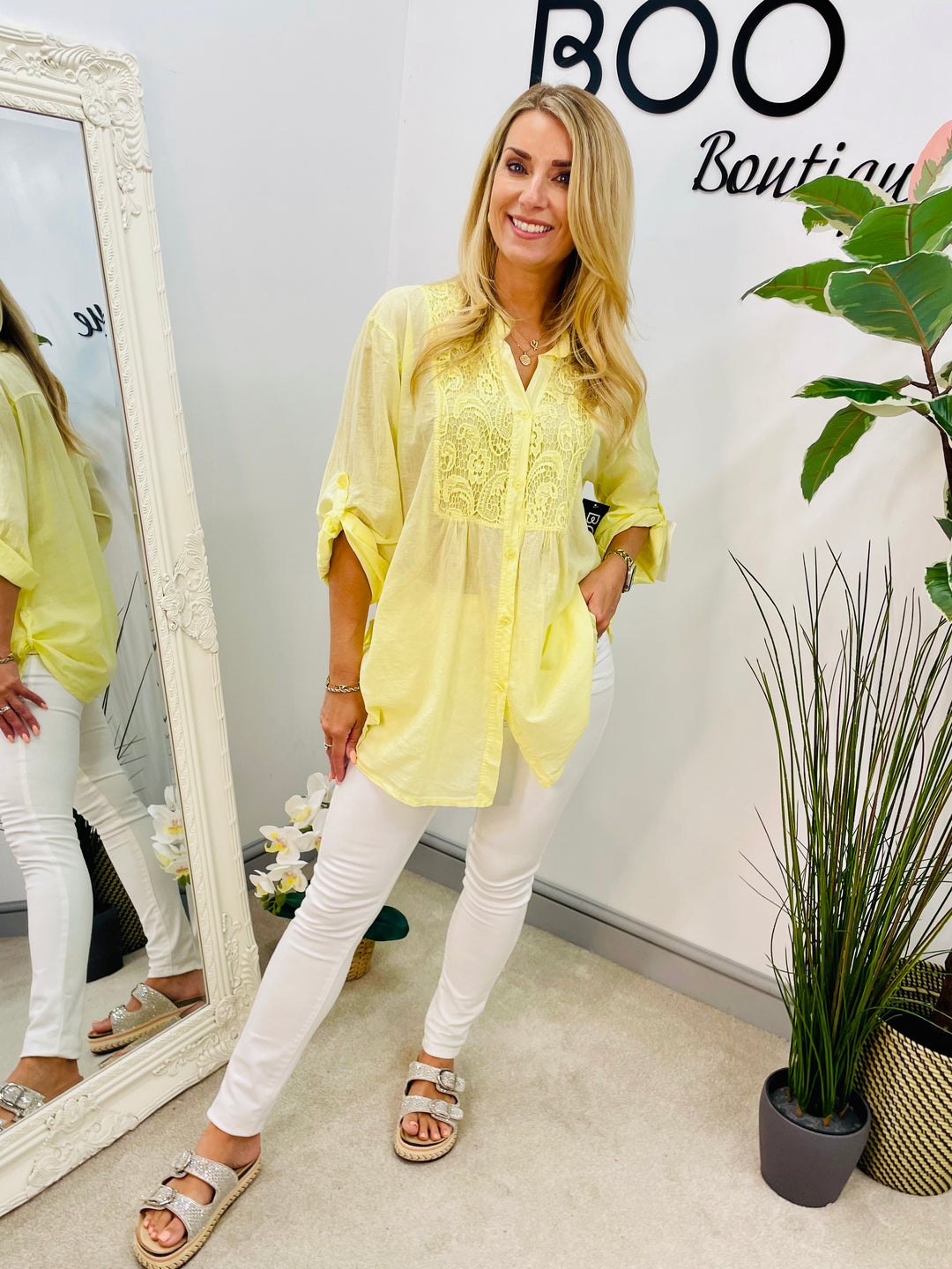 LADIES COTTON LACE FRONT BLOUSE SHIRT - LEMON, WHITE & ORANGE