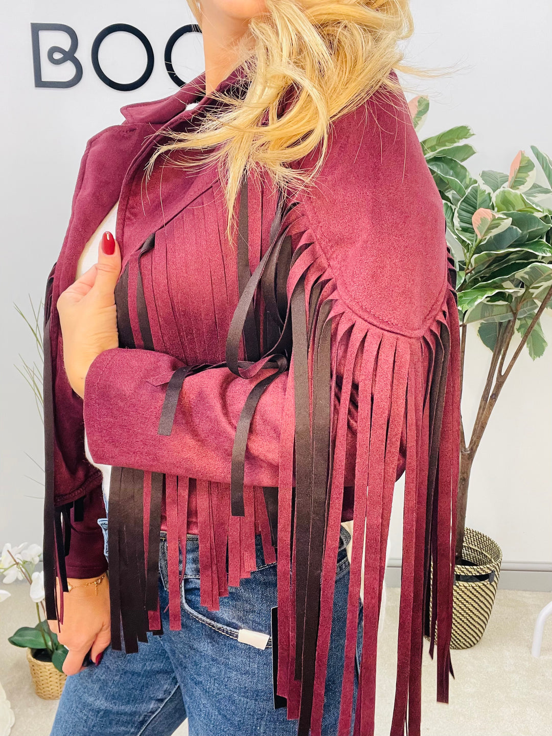 LADIES FAUX SUEDE FRINGED COWBOY BOLERO JACKET - WINE, BLACK, BEIGE & BROWN
