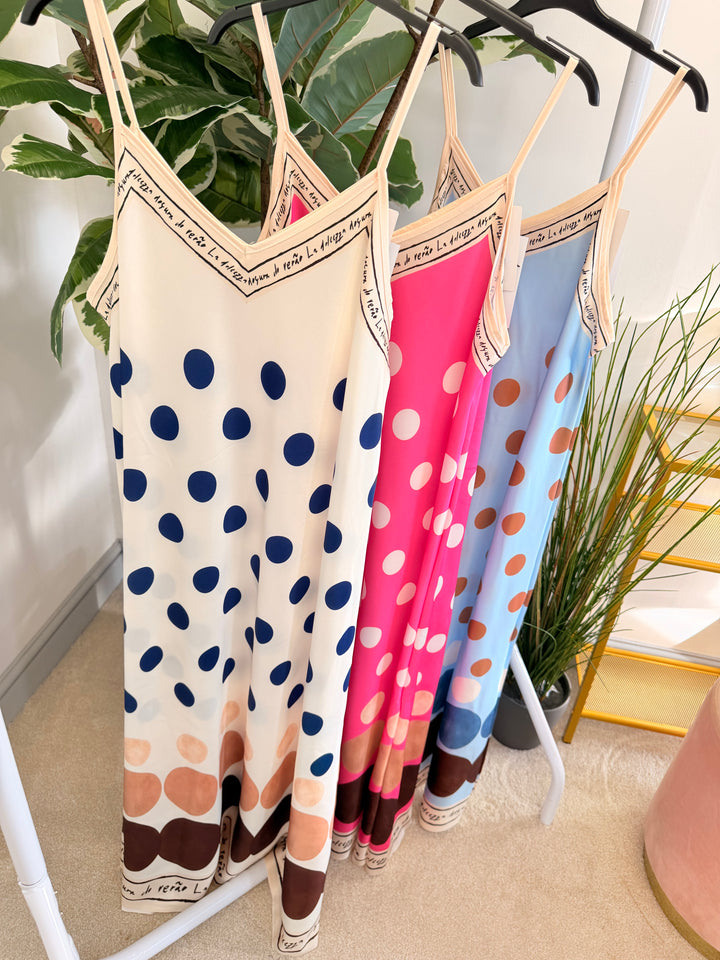 Ladies Polka Dot Satin Summer Cami Maxi Dress - Cream, Blue & Pink