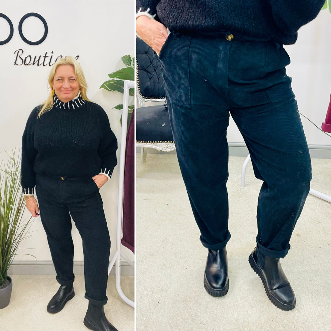 LADIES TRENDY BAGGY CORD TROUSERS - BLACK & PLUM