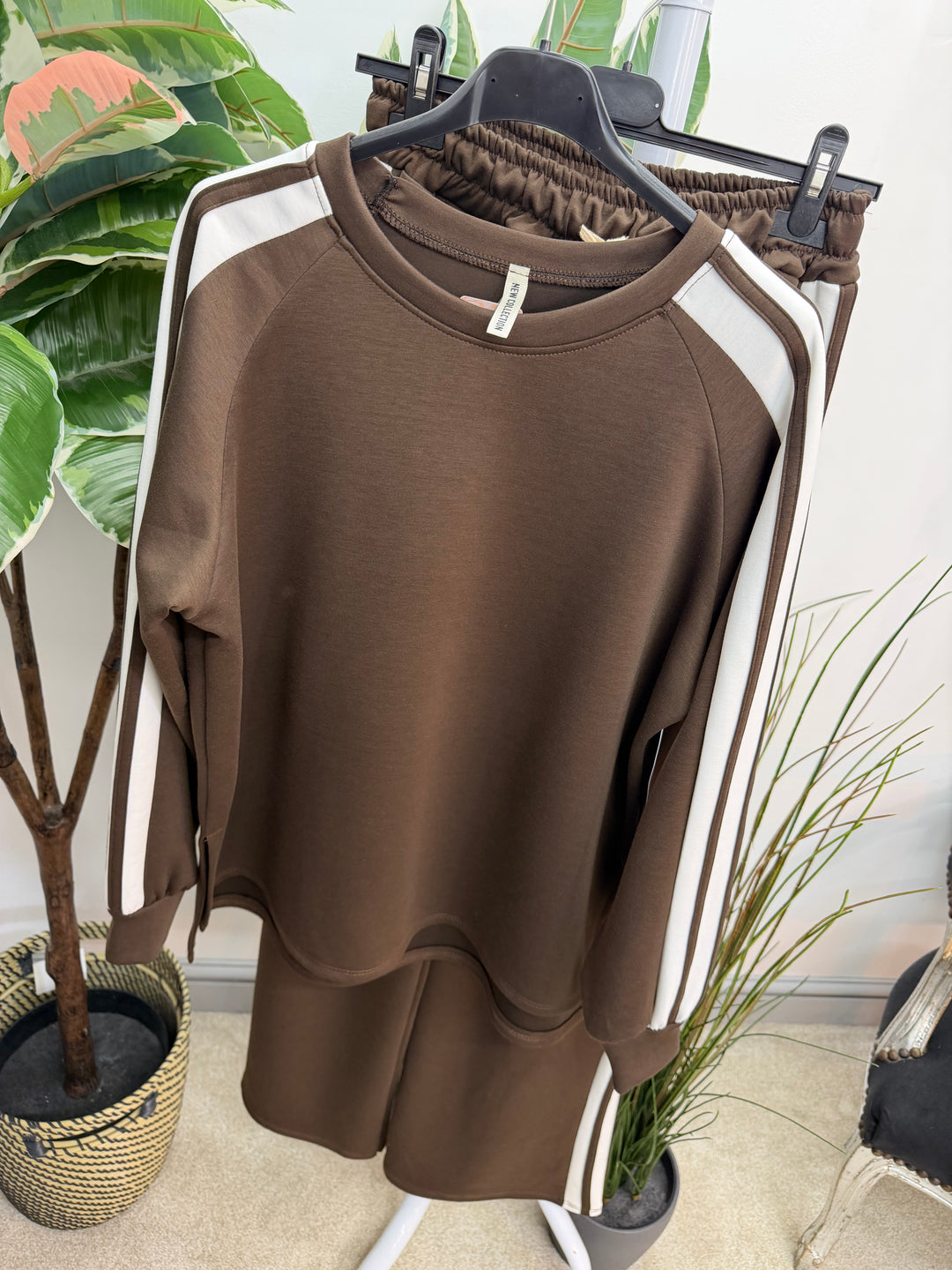 Ladies Fashion Wide Leg Tracksuit co ord set brown