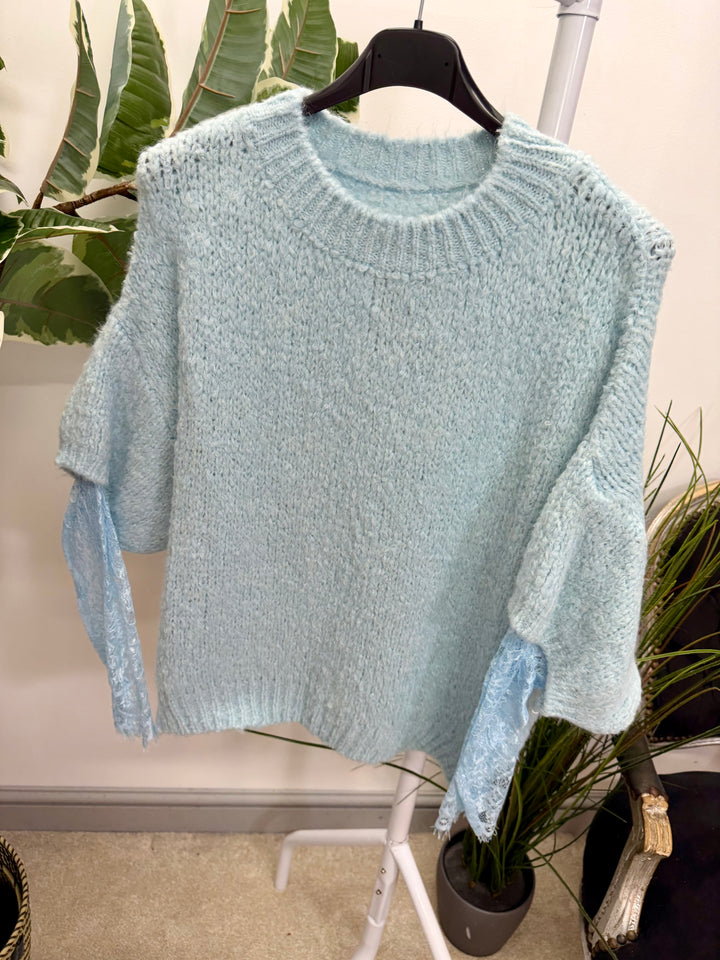 LADIES FASHION CHUNKY KNIT LACE SLEEVE JUMPER - PINK, BLUE, BEIGE, BLACK & BROWN