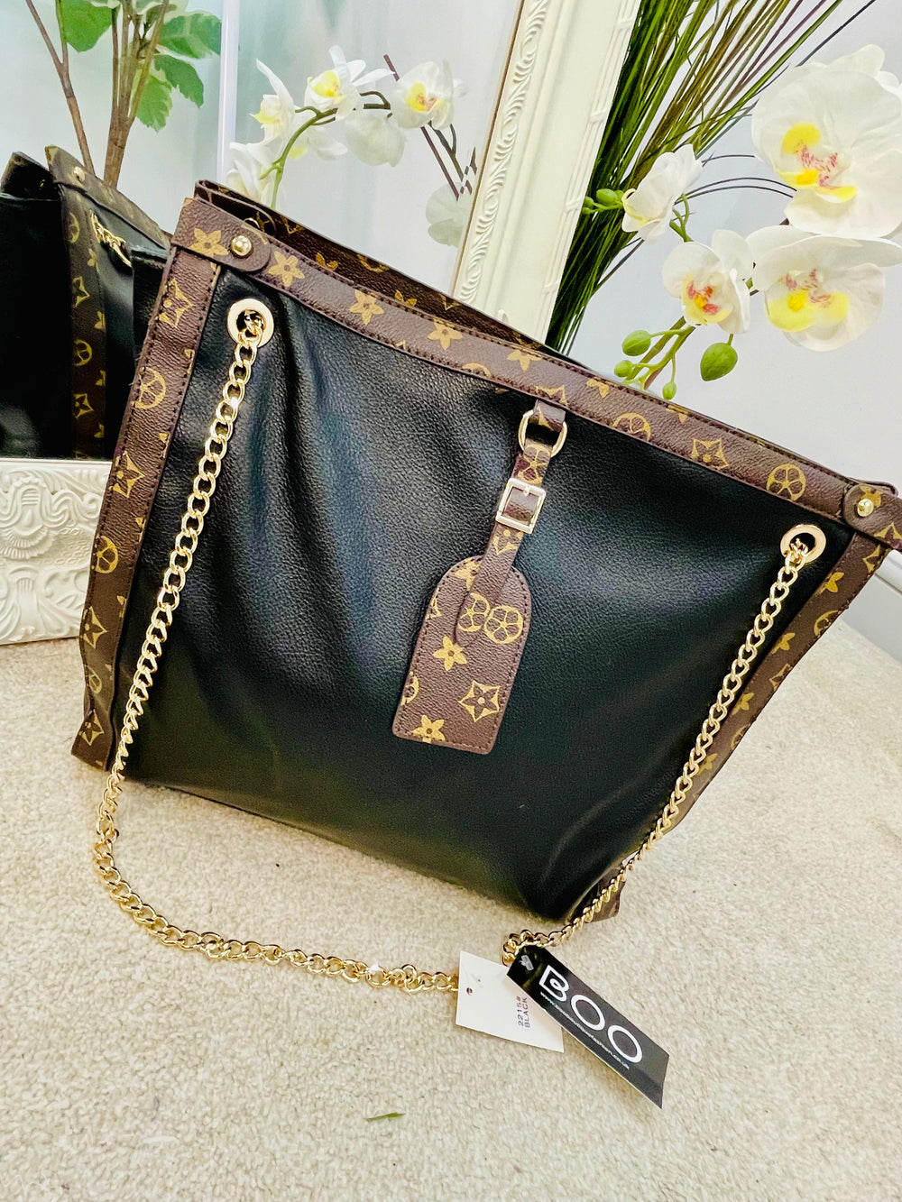 LADIES SHOPPER TOTE BAG - BROWN, BLACK & BEIGE