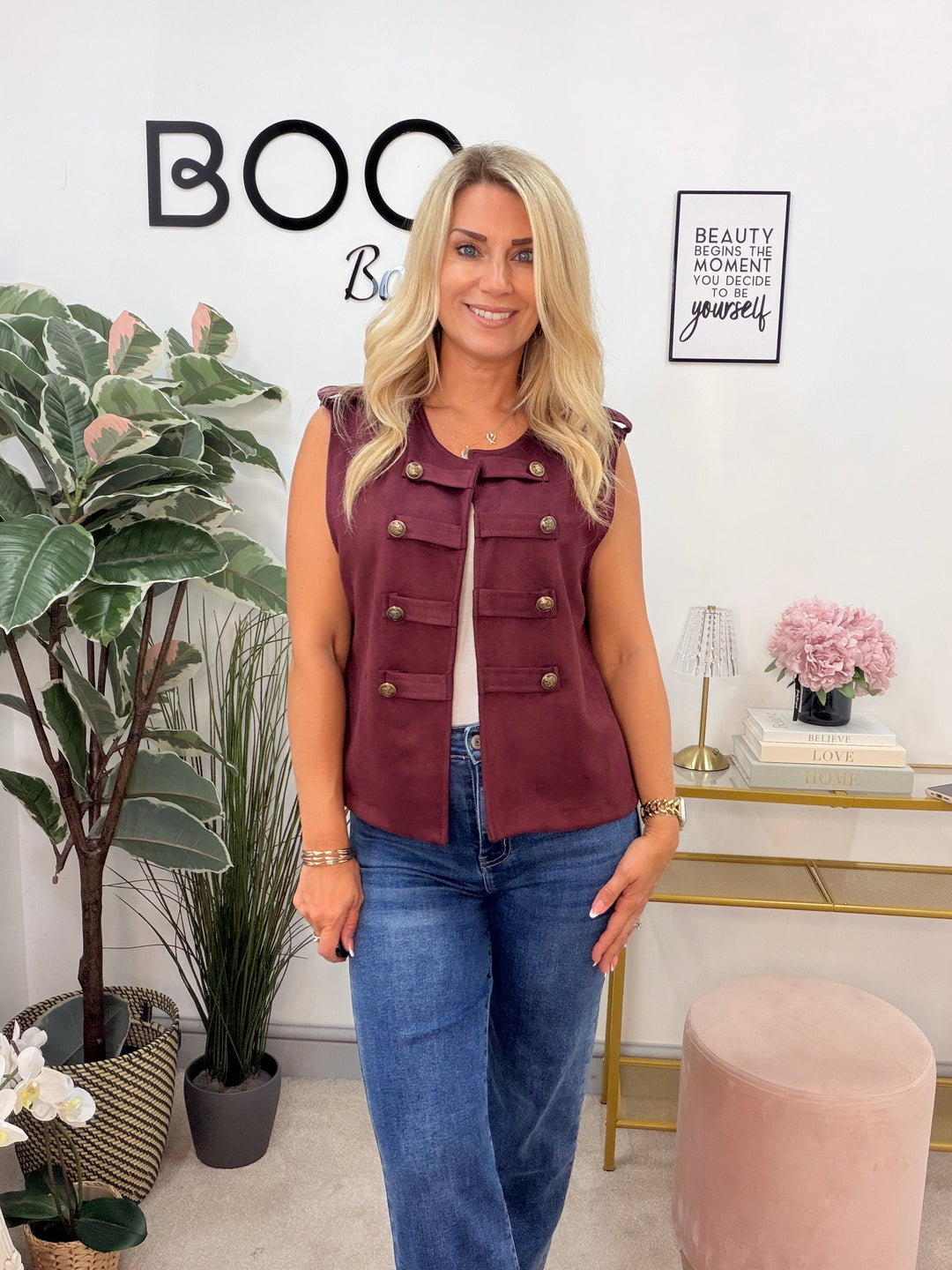 Ladies Fashion Faux Suede Military Waistcoat - Black, Navy, Beige & Wine