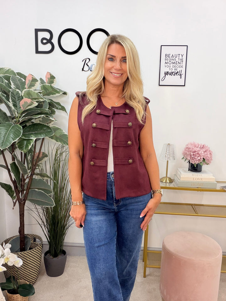 Ladies Fashion Faux Suede Military Waistcoat - Black, Navy, Beige & Wine