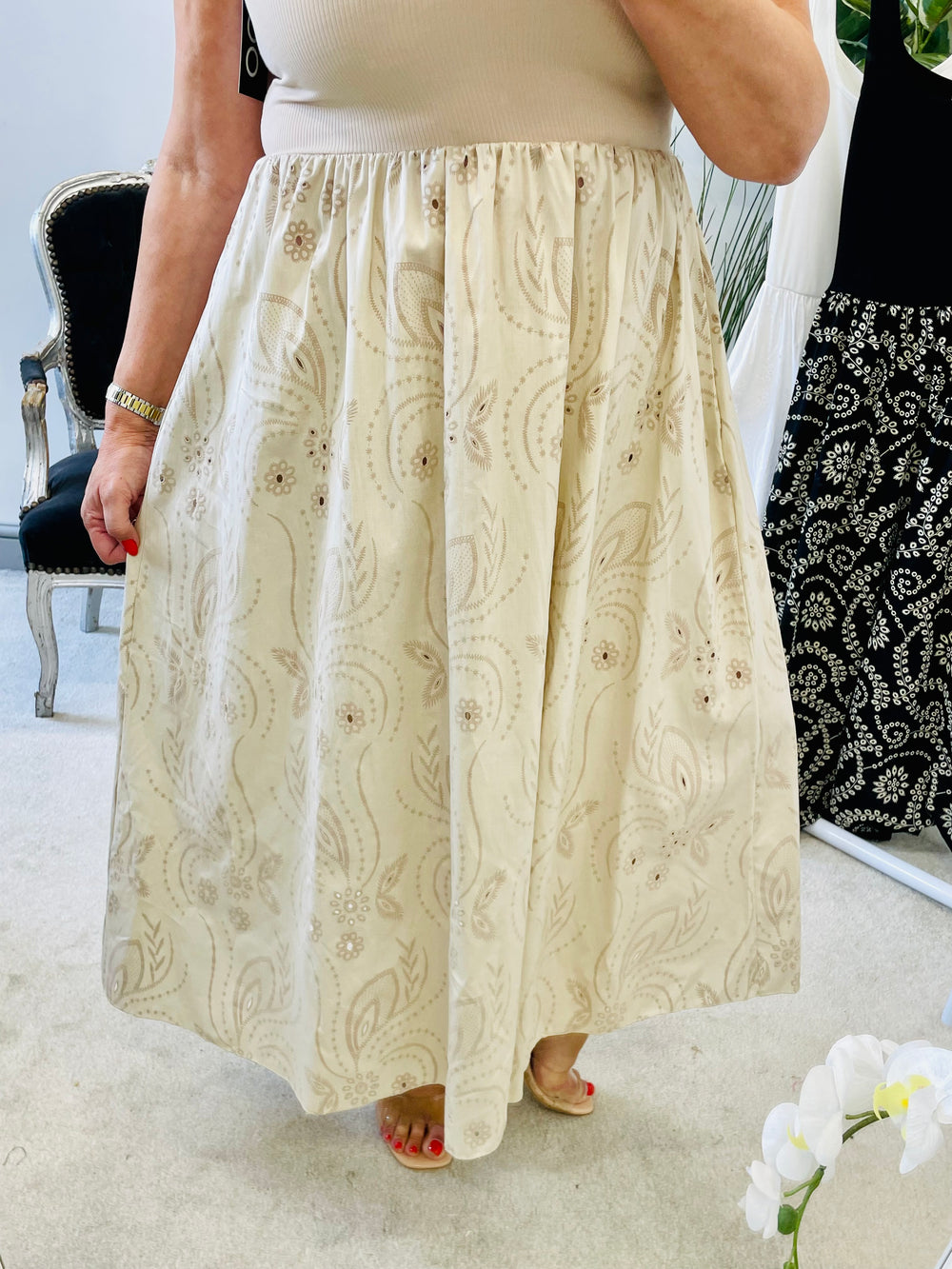 LADIES BRODERIE ANGLAISE SUMMER DRESS - BLACK, BEIGE & WHITE