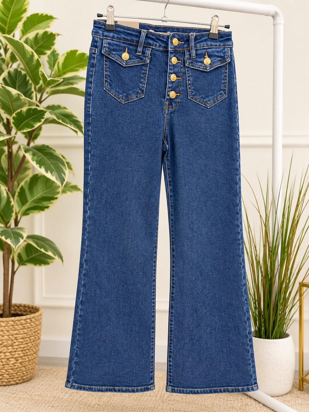 Womens fashion wide leg blue denim high waist jeans