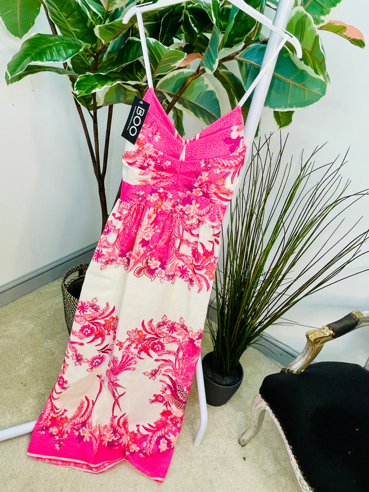 LADIES ORIENTAL PRINT SUMMER CAMI MAXI DRESS - PINK, BLUE & GREEN
