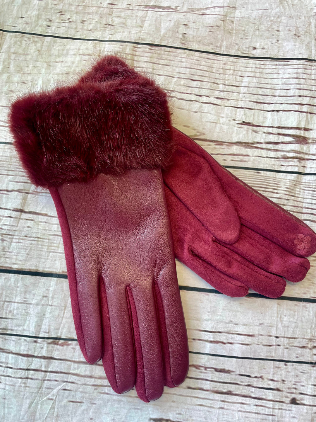 LADIES FAUX LEATHER & FUR GLOVES - BLACK, WINE, NAVY, BROWN, CREAM & MOCHA