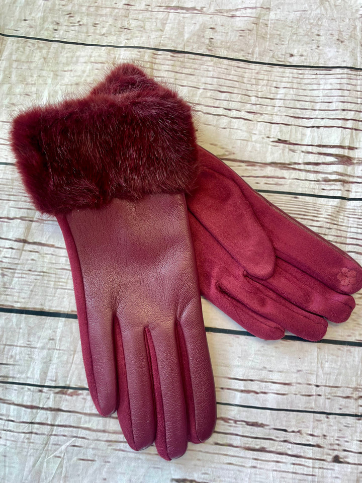LADIES FAUX LEATHER & FUR GLOVES - BLACK, WINE, NAVY, BROWN, CREAM & MOCHA