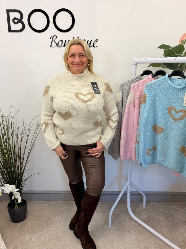 LADIES FASHION CHUNKY KNIT HEART JUMPER - PINK, BLUE, BEIGE & GREY