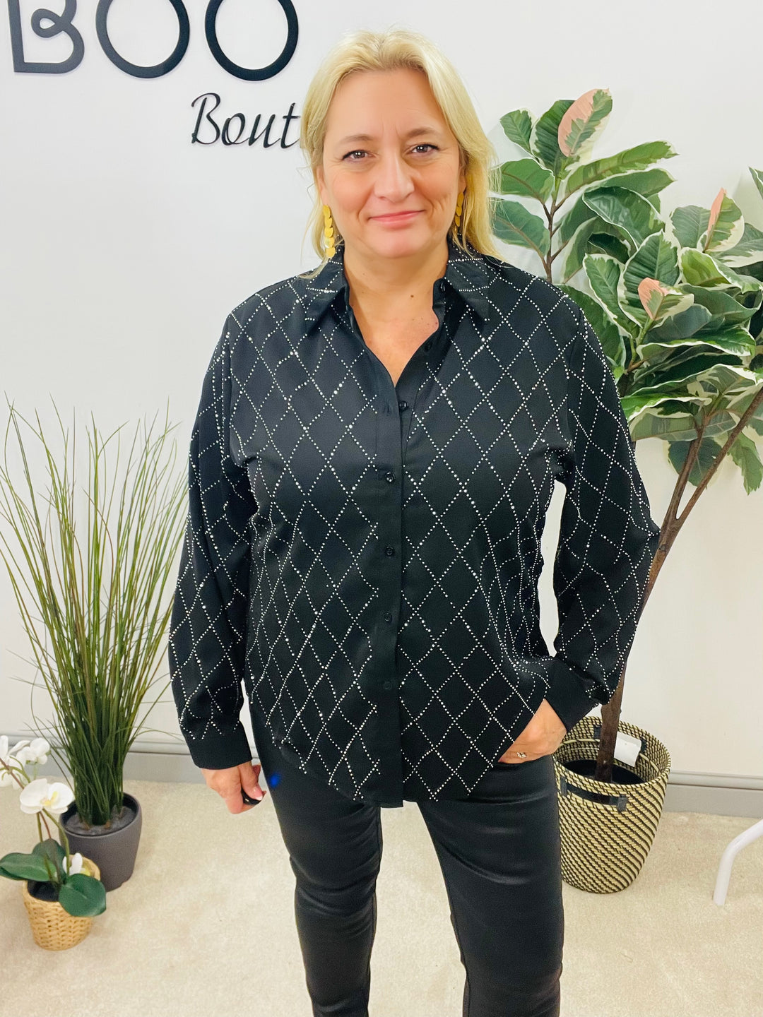 LADIES BLACK SPARKLY STUD SHIRT BLOUSE