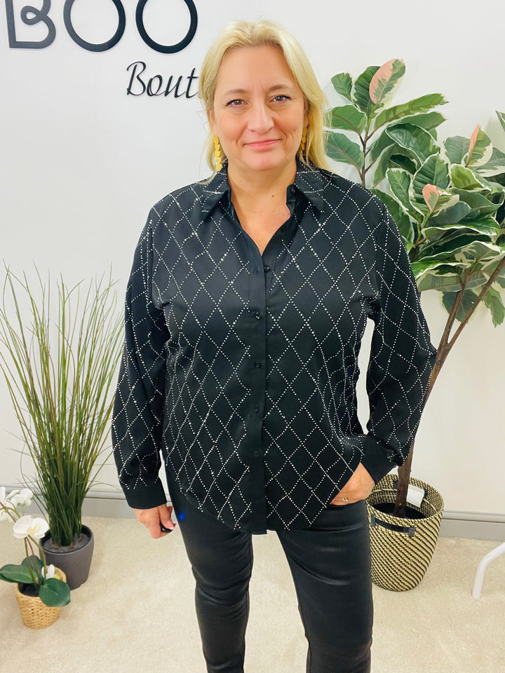 LADIES BLACK SPARKLY STUD SHIRT BLOUSE