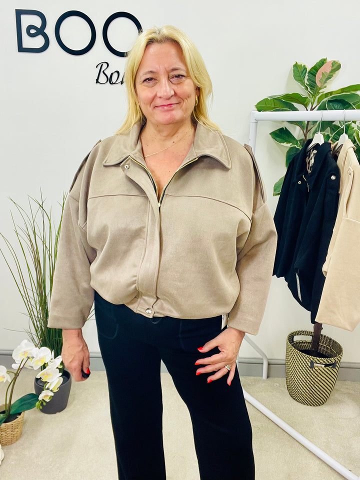 LADIES FAUX SUEDE BOMBER JACKET - BLACK, BEIGE & TAUPE