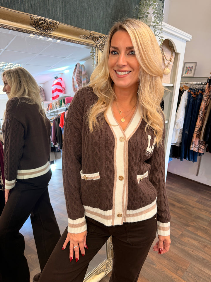 Womens Cable Knit Cricket Cardigan - Cream, Brown, Plum & Black